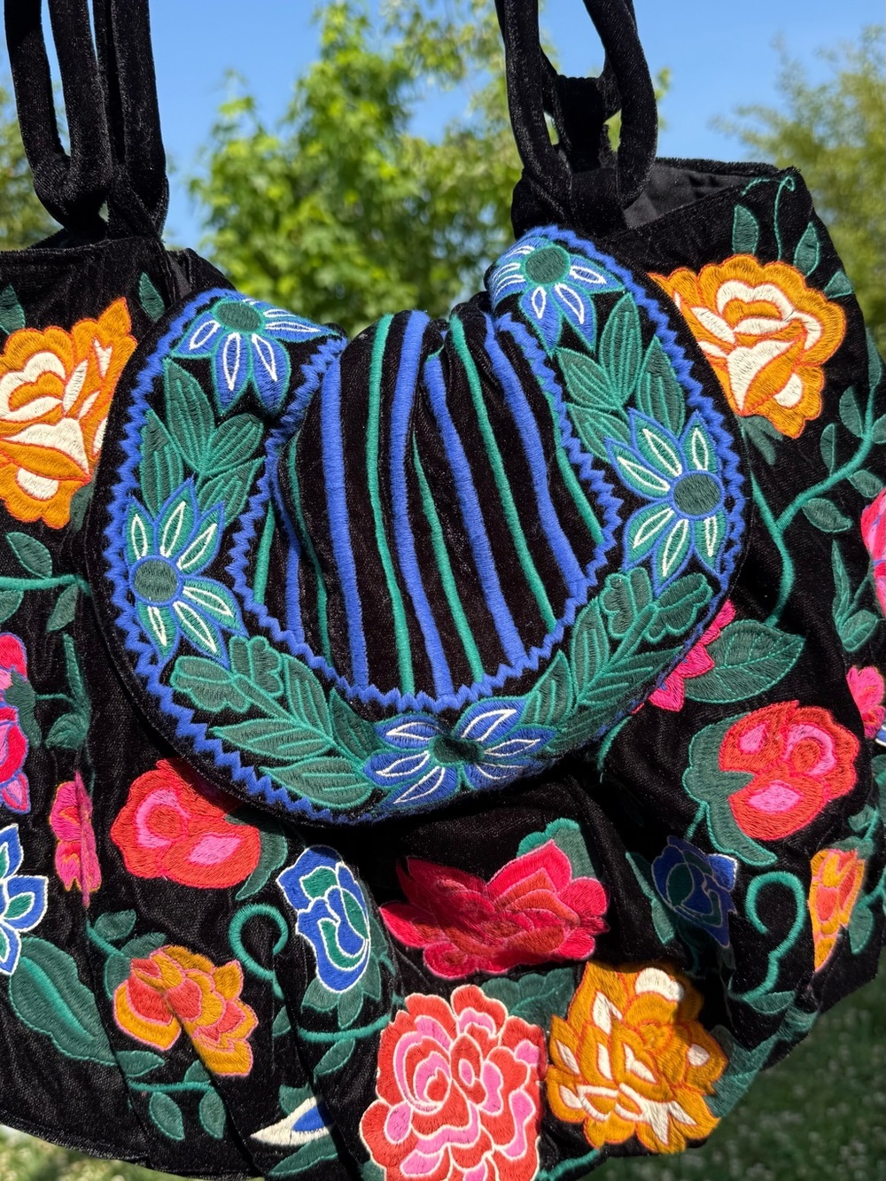 Zara Embroidered Floral Velvet Tote Bag - Black & Multicolor - Picture 3 of 7